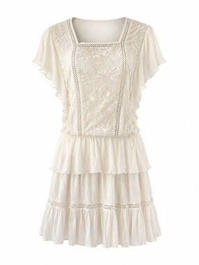 Palma Australia NEW Silk Ivory Tiered Lace-Panel Flutter Sleeve Dress - Medium